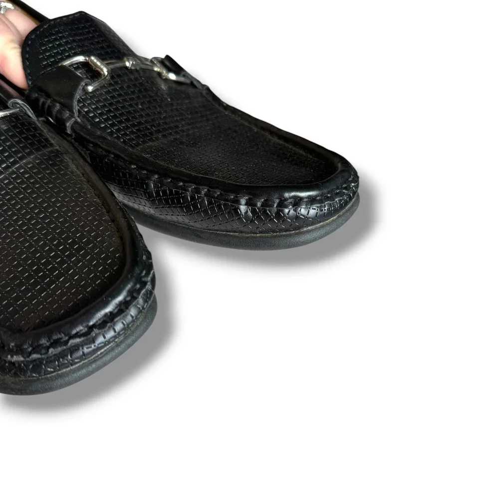 David Stone Bit Loafers Mens 11 Black Faux Leather Grid Moc Toe Slip On Shoes